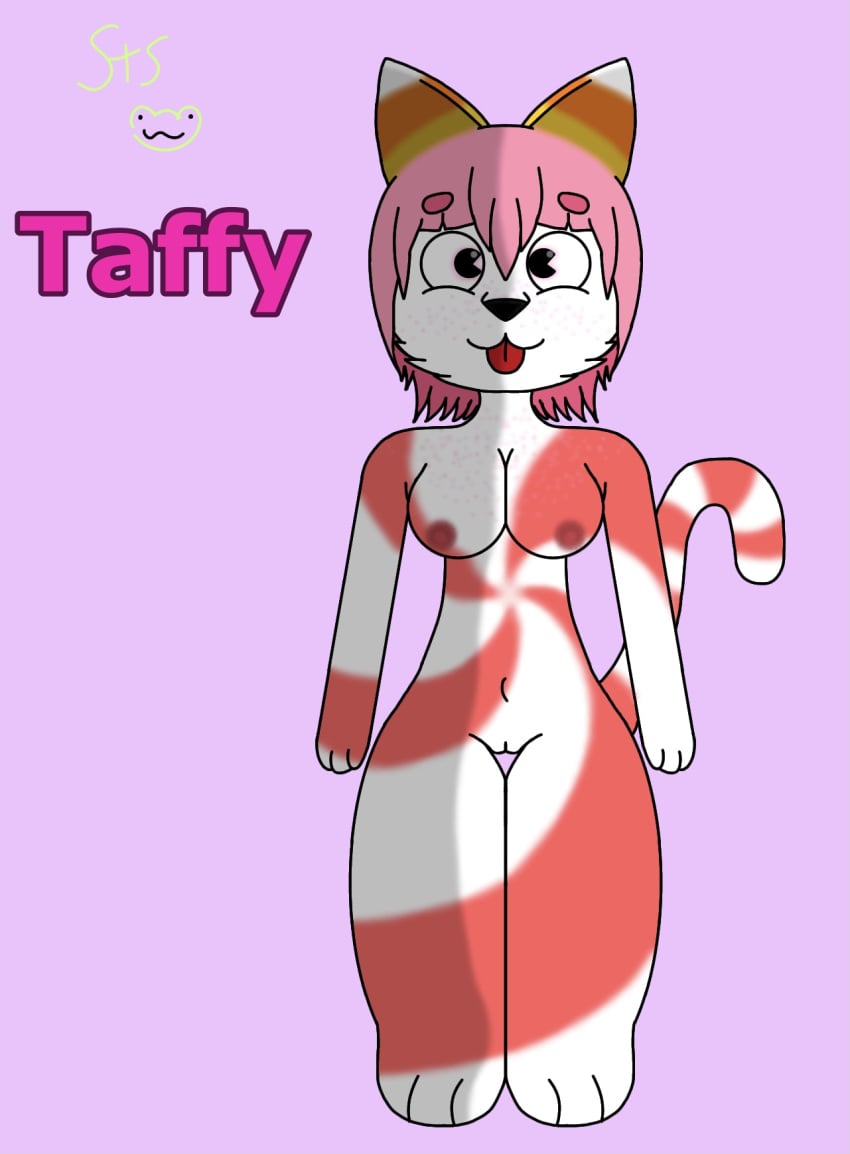 anthro breasts candy candy_cane dessert felid feline female food food_creature freckles hi_res mammal multicolored_body solo squishytheskunk sweets taffy_(squishytheskunk)