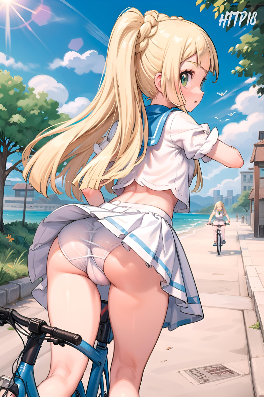 :o ai_generated ass back beach bicycle blonde_hair cameltoe day female female_only from_behind game_freak green_eyes hi_res light_skin light_skinned_female lillie_(pokemon) looking_back lusamine_(pokemon) nintendo outdoors panties pokemon pokemon_(species) pokemon_sm ponytail skirt watermark white_panties wingull