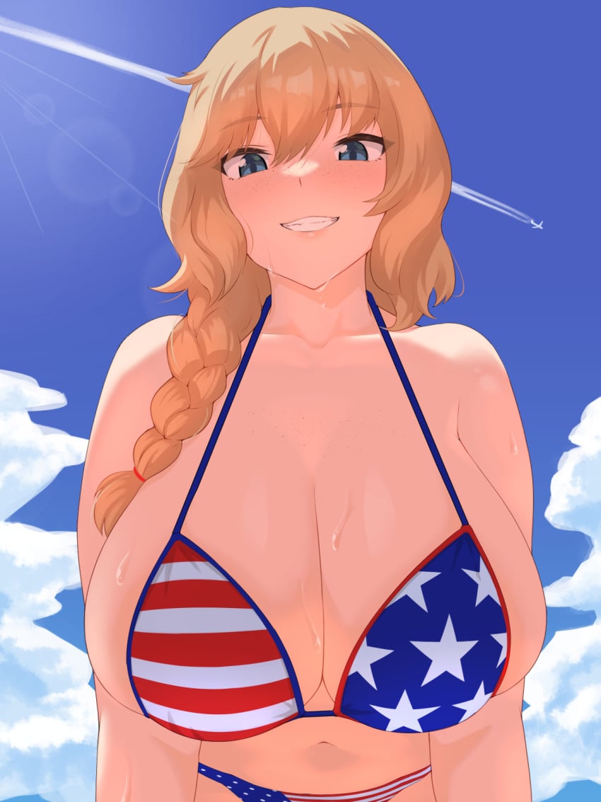 aircraft airplane american_flag_bikini bikini blue_eyes blue_sky breasts cleavage cloud cloudy_sky contrail day female flag_print freckles from_below grin highres huge_breasts lancer24 long_hair looking_at_viewer ocean original outdoors sky smile solo swimsuit