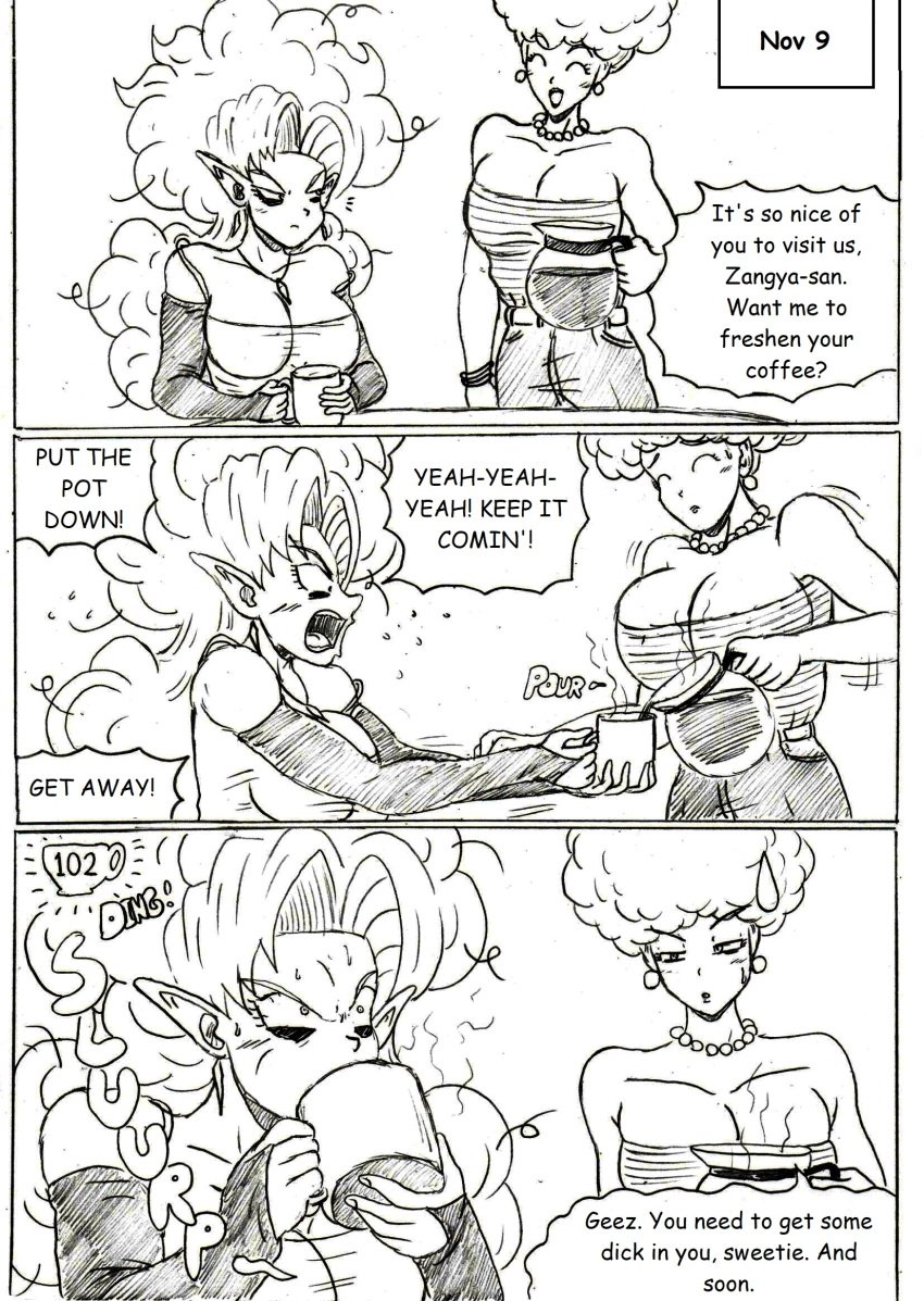 2girls alien alien_girl bimbo blonde_hair coffee coffee_cup coffee_mug crazy_eyes crazy_look dragon_ball dragon_ball_super dragon_ball_z english_text gilf milf no_nut_november orange_hair page_9 panchy panchy_(dragon_ball) panchy_briefs race_of_hera stressed thewritefiction white white_female zangya