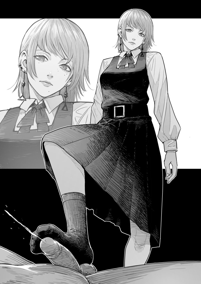 chainsaw_man cirenk clothed_female_nude_male cum dominant_female earrings ejaculation fami_(chainsaw_man) feet femdom foot_fetish footjob footjob_with_legwear monochrome school_uniform sockjob socks standing_footjob stepped_on stepping_on_penis trampling