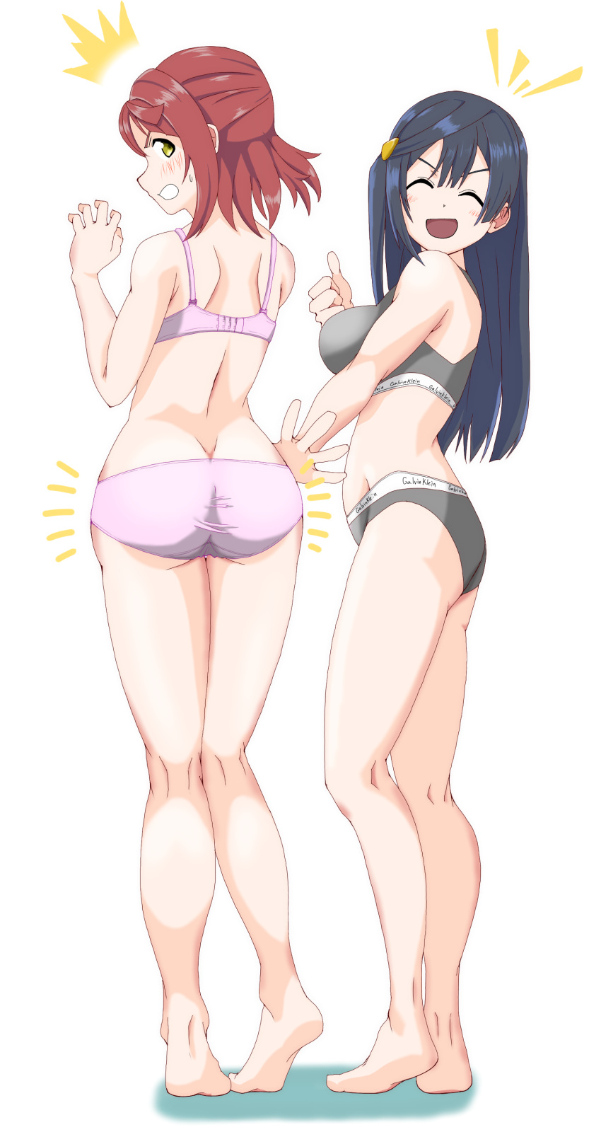 2girls angry ass ass_slap blush bra breasts calvin_klein chokkakudo closed_eyes love_live! love_live!_nijigasaki_high_school_idol_club open_mouth panties smile standing thumbs_up uehara_ayumu underwear yuri yuuki_setsuna_(love_live!)