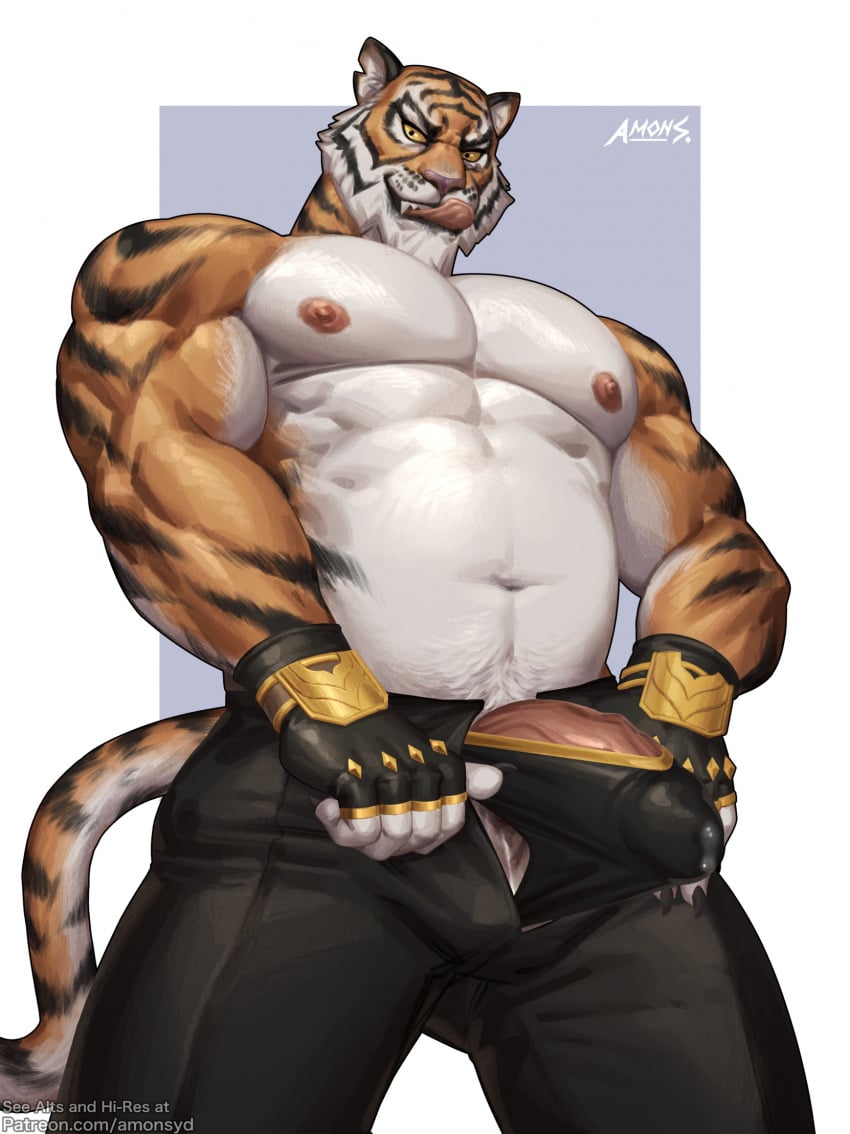 3:4 amon-sydonai anthro biceps big_pecs bodily_fluids bottomwear clothed clothing epic_games felid fingerless_gloves fortnite furry genital_fluids genitals gloves handwear hi_res licking licking_lips looking_at_viewer looking_down looking_down_at_viewer low-angle_view male male_only mammal musclegut muscular muscular_anthro muscular_male oscar_(fortnite) pantherine pants pecs penis precum precum_through_clothing shirtless solo stripes tiger tongue tongue_out vein veiny_penis wet wet_clothing