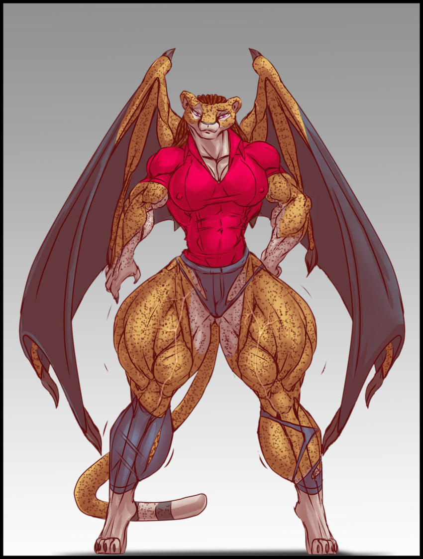 abs anthro b9tribeca biceps big_muscles breasts brown_hair cheetah dragon feline female hair hybrid long_hair muscles muscular muscular_arms muscular_female muscular_legs muscular_thighs tail wings xilimyth