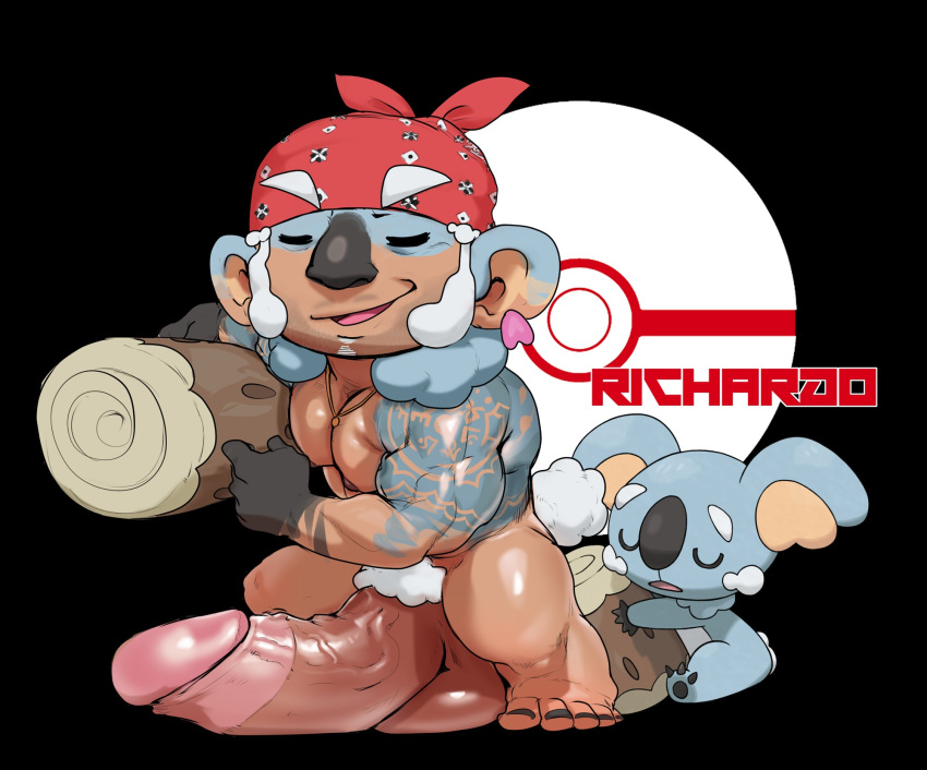 balls big_balls big_head big_penis boner closed_eyes erection gijinka headkerchief koala komala male male_only muscles muscular nintendo nude penis pokemon reference_image small_body solo solo_male zenpei