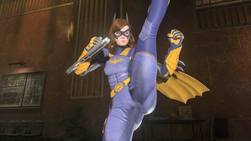 3d ass bat_ears batgirl batgirl_(gotham_knights) big_ass bodysuit brown_hair cape clothed clothed_ass comic costume gotham_knights heroine huge_ass large_ass leg_lift leg_lifted leg_up legs_open open_legs superheroine tight_clothing tight_fit video_game video_games