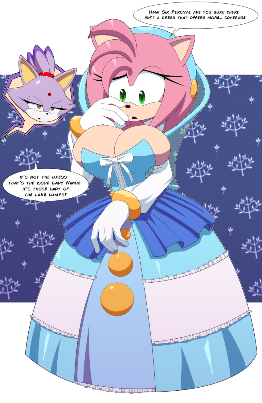 2d 2d_(artwork) amy_rose blaze_the_cat breast_press breasts_bigger_than_head clothed clothing dress english_text green_eyes huge_breasts kojiro-brushard lady_of_the_lake linegutter nimue nimue_(sonic) pink_hair purple_hair sir_percival_(sonic_and_the_black_knight) sonic_(series) sonic_and_the_black_knight sonic_the_hedgehog_(series) speech_bubble thin_waist