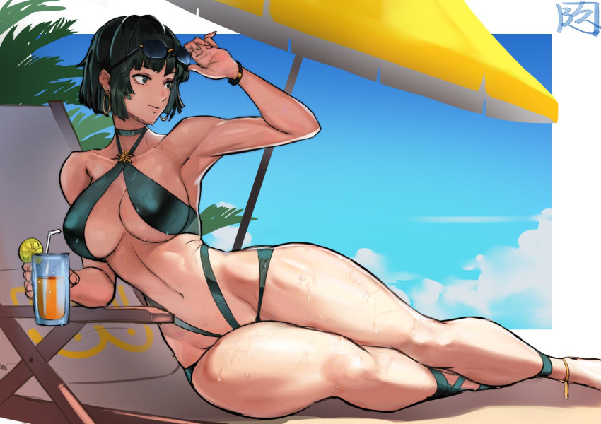 1girls 2023 arm_up armpits beach beach_umbrella big_breasts bikini bracelet breasts choker cleavage cloud cup drink drinking_straw earrings female female_only fit_female fruit fubuki_(one-punch_man) glass green_bikini green_eyes green_hair highres holding_cup holding_drink holding_glass hoop_earrings human jewelry juaagacgy large_breasts leaning_to_the_side light-skinned_female lime_(fruit) lime_slice lounge_chair matching_hair/eyes mature_female on_side one-punch_man outdoors short_hair signature sitting sky slim_waist smile solo sunbathing sunglasses sunglasses_on_head swimsuit thick_thighs thighs umbrella underboob wet wide_hips yokozuwari