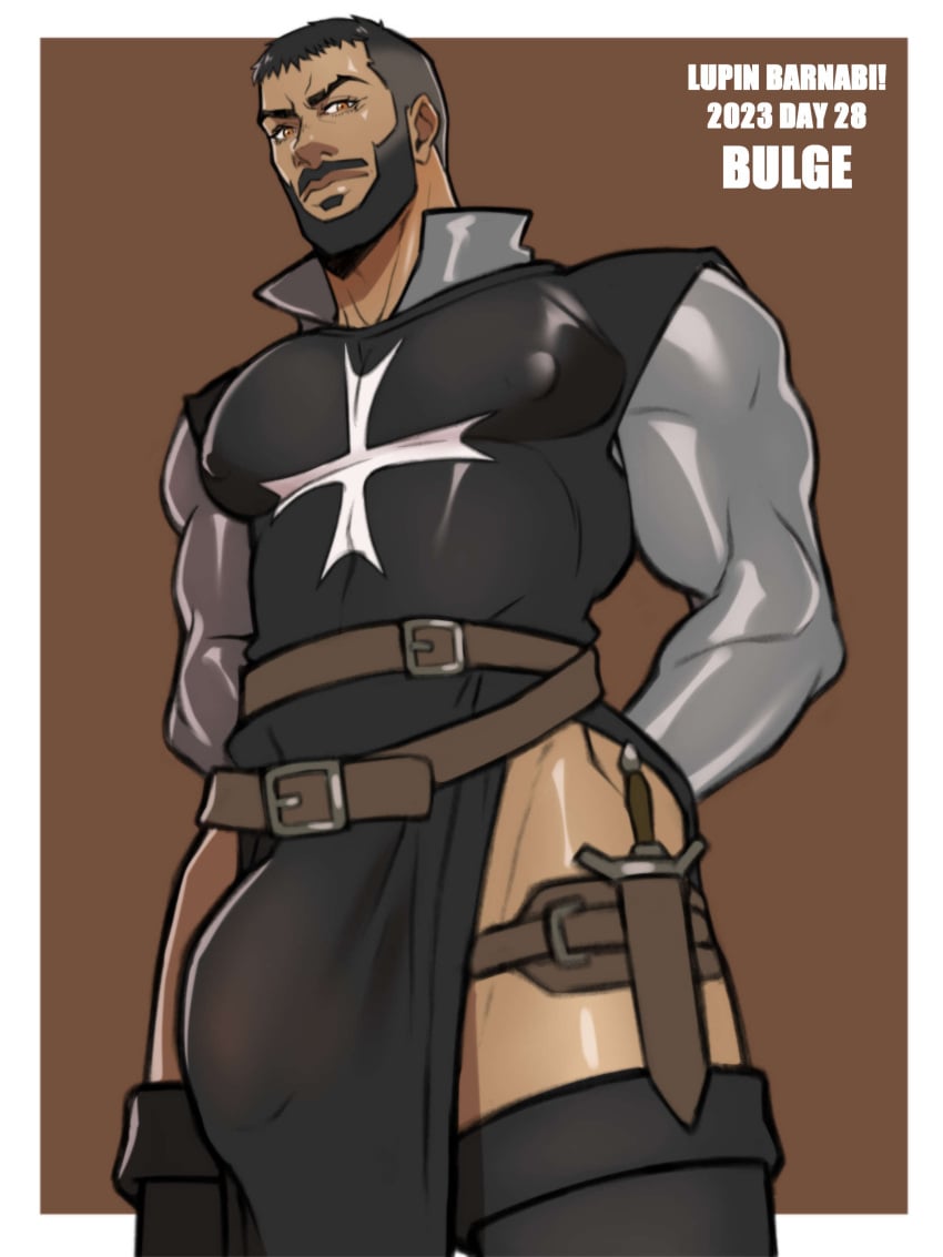 1boy 2023 balls bara barazoku beard big_bulge bulge castlevania castlevania_(netflix) castlevania_nocturne clothing facial_hair gay hairy huge_bulge looking_at_viewer lupin_barnabi male male_focus male_only manly mizrak muscular_male penis solo solo_male tight_clothing yaoi