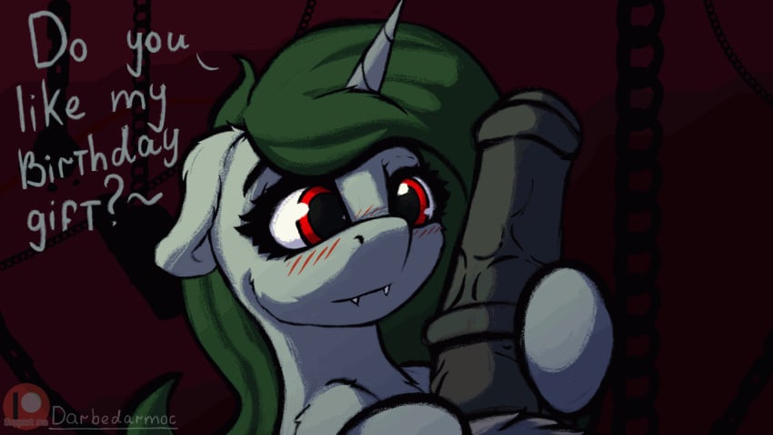 animated darbedarmoc dialogue duo english_text equid equine fan_character fangs female feral green_hair grey_body hair hasbro hoofjob_(forelimbs) hooves horn horse looking_at_viewer male male/female mammal minerva_macabre my_little_pony patreon_logo patreon_username pony red_eyes smile smiling_at_viewer teeth text unicorn