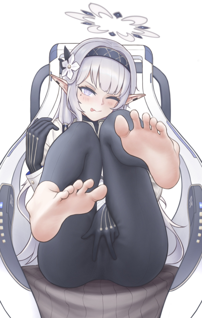 :p absurdres ass barefoot black_gloves black_hairband black_halo black_leggings blue_archive blush chinese_commentary commentary_request ear_piercing eyelashes feet feet_up female flower foot_focus full_body gloves grey_halo grey_jacket hair_flower hair_ornament hairband halo highres himari_(blue_archive) jacket knees_together_feet_apart knees_up leaning_back leggings legs long_hair millennium_science_school_logo_(blue_archive) millennium_science_school_student mole mole_under_eye one_eye_closed piercing pointy_ears purple_eyes purple_hair sidelocks silver_bullet_(yhq811) simple_background sitting soles solo spread_pussy_under_clothes spread_toes super_phenomenon_task_force_(blue_archive) toenails toes tongue tongue_out very_long_hair white_background