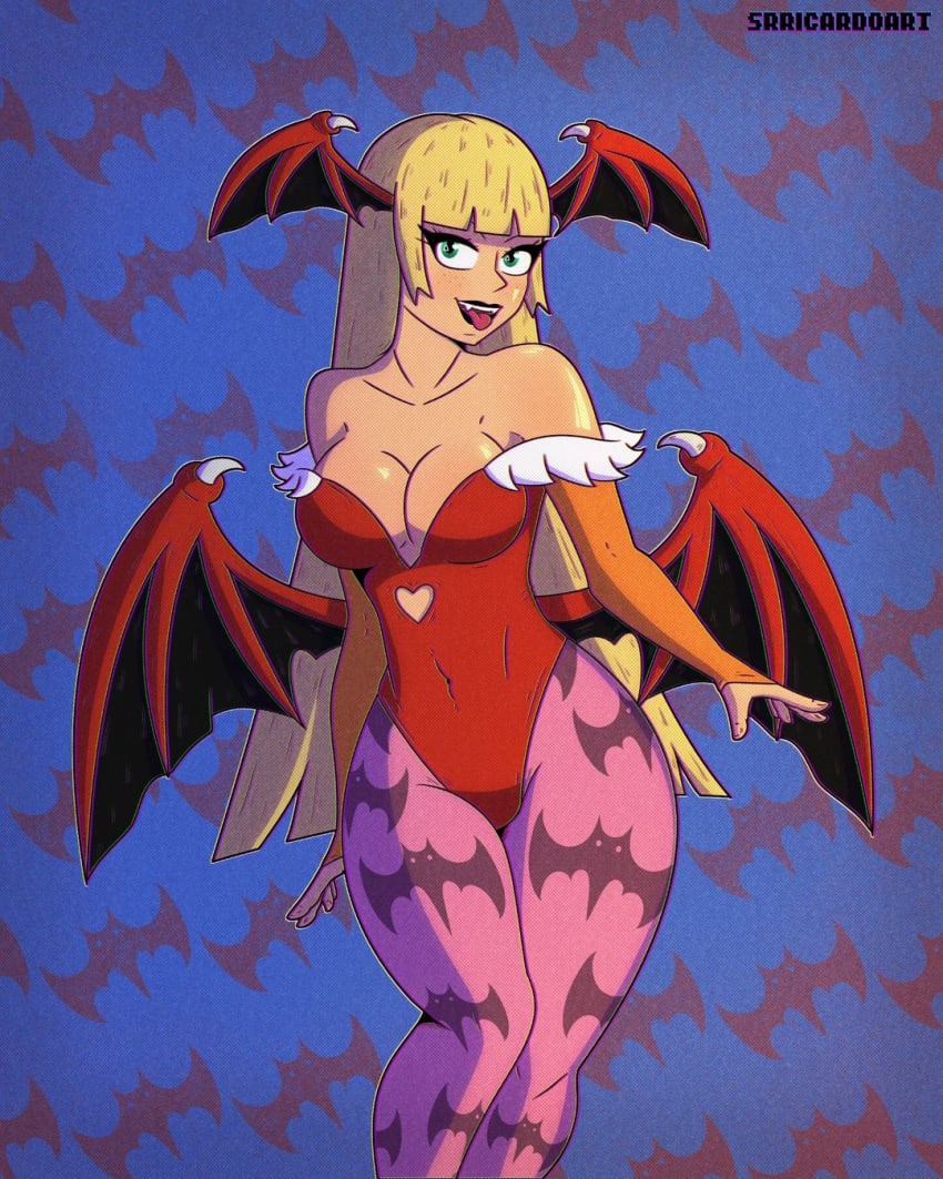 blonde_hair blunt_bangs breasts capcom cleavage clothing covered_navel darkstalkers fangs female green_eyes head_wings large_breasts long_hair looking_at_viewer morrigan_aensland naughty_face palette_swap seductive seductive_smile skin_tight smile solo srricardo srricardoart succubus tagme thick_thighs vampire_(game) wing