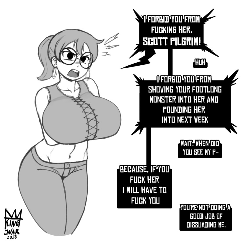 1girls alternate_breast_size big_ass big_breasts breasts clothed crossed_arms earrings female glasses hoop_earrings huge_breasts julie_powers kingjnar large_breasts long_hair monochrome ponytail scott_pilgrim scott_w_pilgrim solo solo_female threatening