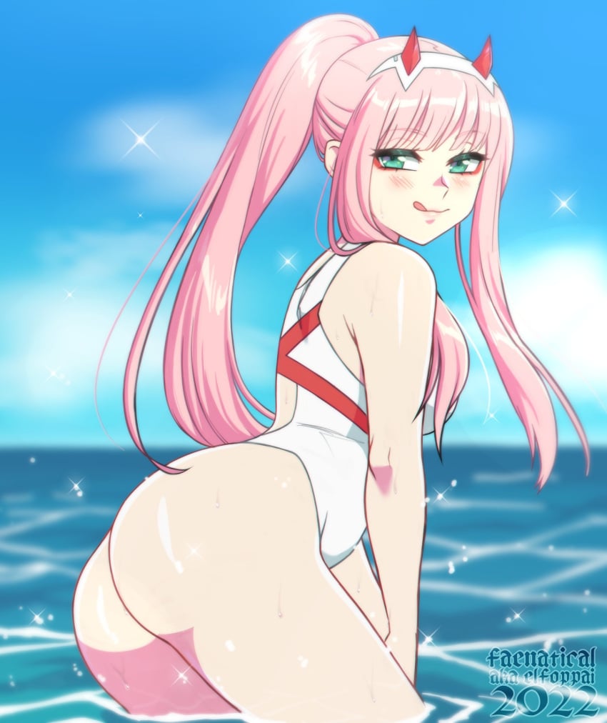 1girls 2023 aqua_eyes artist_name ass blush darling_in_the_franxx elfoppai faenatical female female_only hi_res horns in_water licking_lips long_hair looking_at_viewer pink_hair ponytail smiling smiling_at_viewer solo swimsuit voluptuous zero_two_(darling_in_the_franxx)