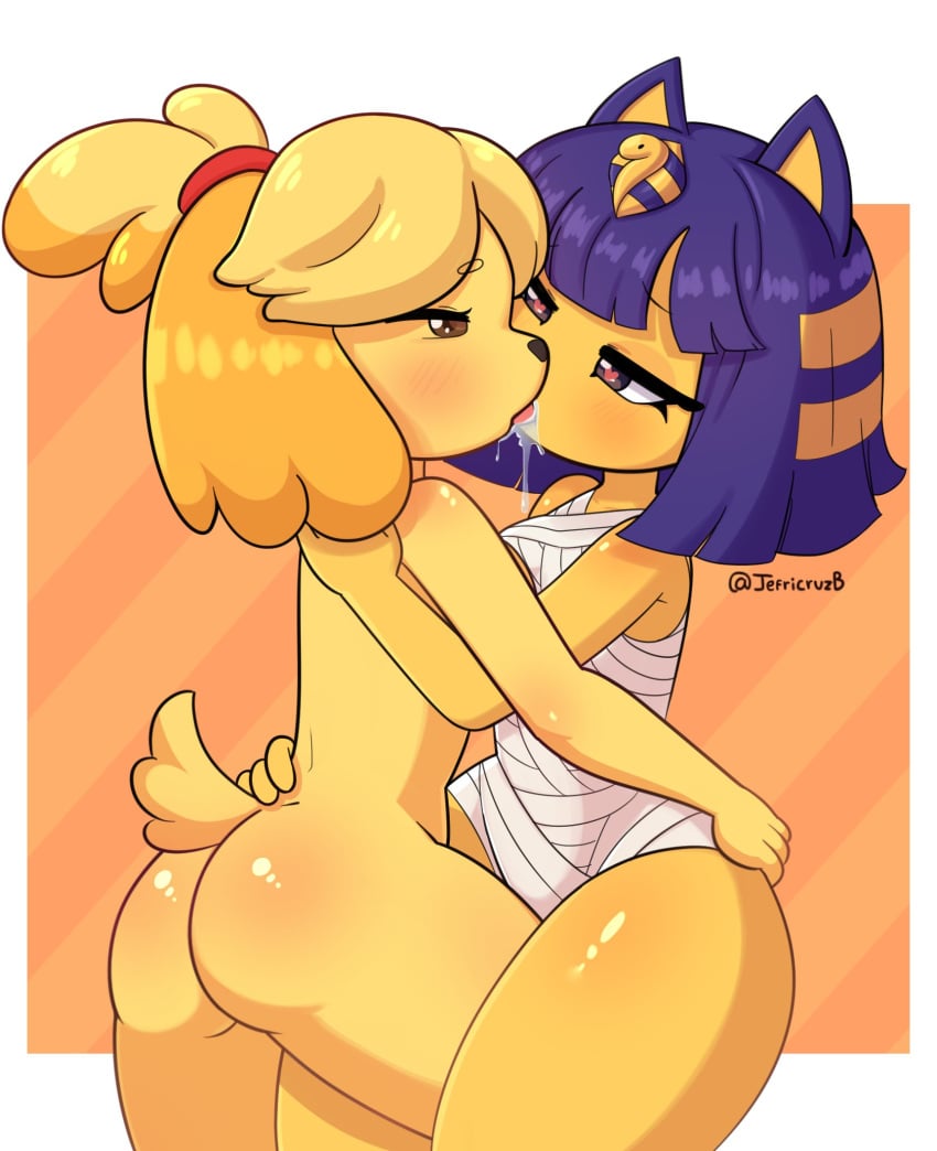 2023 animal_crossing ankha ankha_(animal_crossing) ass bandages black_eyes blonde_hair blue_hair brown_eyes canine feline female female_focus female_only furry heart-shaped_pupils isabelle_(animal_crossing) jeffcb_ kissing lesbian making_out nintendo orange_background saliva thick_thighs thighs tied_hair tongue yellow_fur yuri