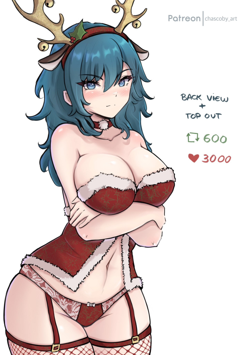 1girls 2023 alternate_costume alternate_version_available antler_headband antlers artist_name blue_eyes blue_hair blush breasts byleth_(female)_(fire_emblem) byleth_(fire_emblem) byleth_(fire_emblem)_(female) chascoby choker christmas crossed_arms english_commentary female female_only fire_emblem fire_emblem:_three_houses fishnets folded_arms fur_trim garter_straps highres large_breasts light-skinned_female light_skin lingerie looking_at_viewer meme navel nintendo panties red_panties reindeer_antlers santa_costume solo thighhighs twitter_strip_game_(meme) underwear watermark white_background