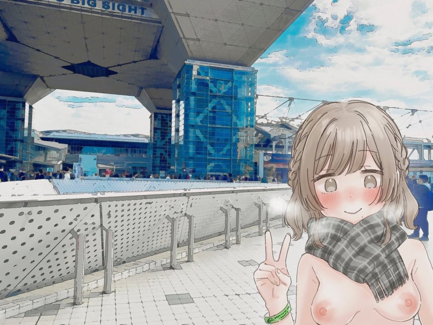 1girls blush bracelet breasts cold looking_at_viewer marrontorisu naked_scarf nipples nude original outdoors peace_sign posing public_nudity scarf smile tokyo_big_sight