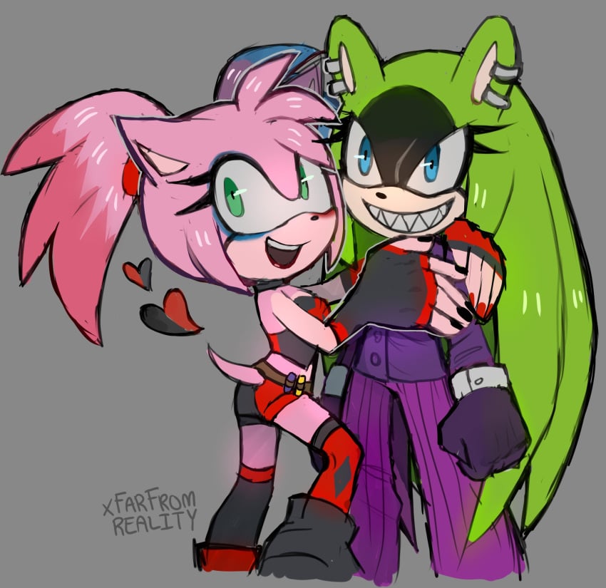 2girls alternate_costume amy_rose animal_humanoid blue_eyes crop_top eyelashes gloves green_eyes green_hair grin hair_down happy harley_quinn_(cosplay) interspecies joker_(cosplay) midriff multicolored_hair multiple_girls pink_hair ponytail purple_suit shorts sonic_(series) sonic_the_hedgehog_(idw) sonic_the_hedgehog_(series) surge_the_tenrec tagme touching twintails xfarfromreality yuri