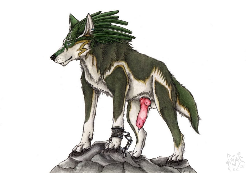 animal_genitalia animal_penis canid canine canine_penis canis chains claws dripping ear_piercing erection feral genitals inner_ear_fluff knot kola_(artist) male male_only mammal nintendo penis piercing rock simple_background solo standing the_legend_of_zelda tuft twilight_princess video_games white_background wolf wolf_link