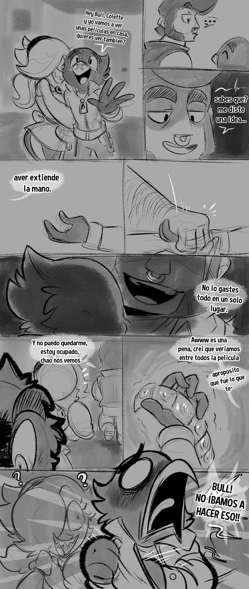 anthro avian bird brawl_stars bull_(brawl_stars) colette_(brawl_stars) comic condom crow crow_(brawl_stars) female funny human male mawile123 spanish_text text