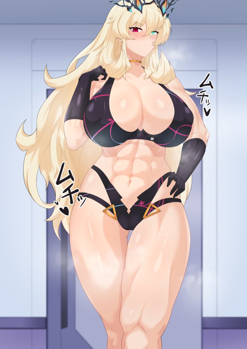 abs absurdres bare_shoulders barghest_(gawain)_(fate) biceps bikini black_bikini black_gloves blonde_hair breasts cleavage collarbone elbow_gloves fate/grand_order fate_(series) female gloves green_eyes hand_on_own_hip heterochromia highleg highleg_bikini highres horns jewelry lancer24 large_breasts long_hair looking_at_viewer muscular muscular_female navel neck_ring red_eyes solo swimsuit thighs toned