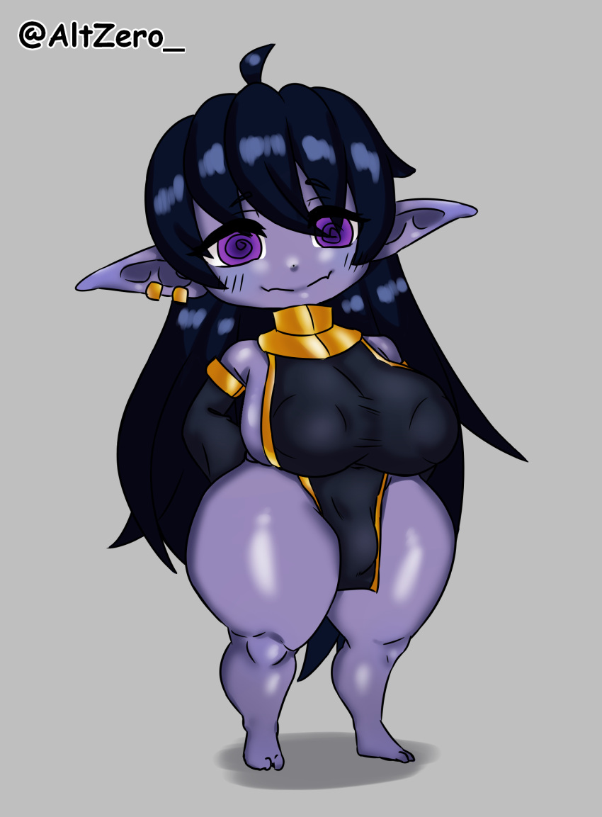 1futa ahoge altzero areolae big_breasts black_hair breasts bulge bulge_through_clothing clothed clothing elf_ears fully_clothed futa_only futanari huge_breasts humanoid long_hair oc original purple_skin shortstack solo standing tagme thick_thighs thighs wide_hips