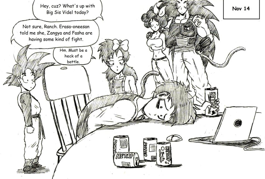 beer beer_can dragon_ball dragon_ball_r&r dragon_ball_super dragon_ball_z english_text laptop launch long_hair no_nut_november oc page_14 raditz ranch_(dragon_ball_r&r) red_ribbon saiyan saiyan_tail son_goten thewritefiction tired_eyes videl