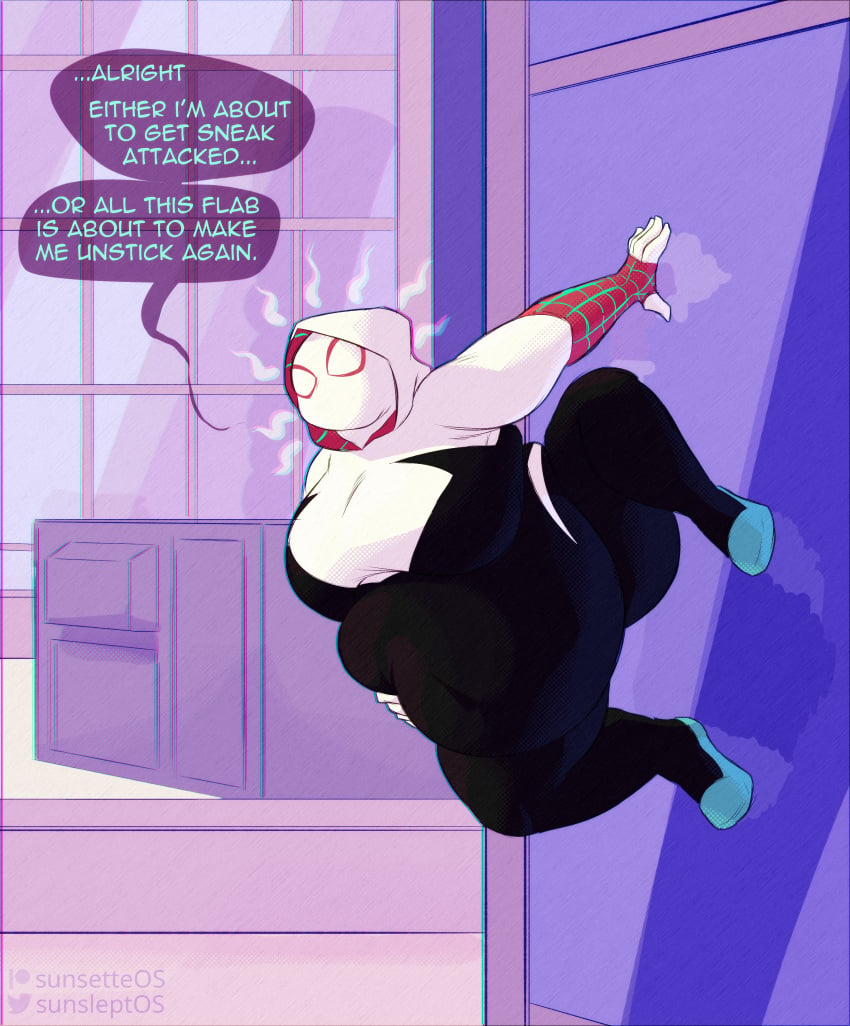 1girls 2023 alternative_body_build bbw belly big_belly big_breasts chubby_belly fat fat_belly fat_female fat_thighs fat_woman gwen_stacy huge_belly large_belly large_breasts marvel obese obese_female overweight overweight_female solo_female solo_focus spider-gwen spider-man_(series) sunsleptos superhero_costume superheroine text thick_thighs