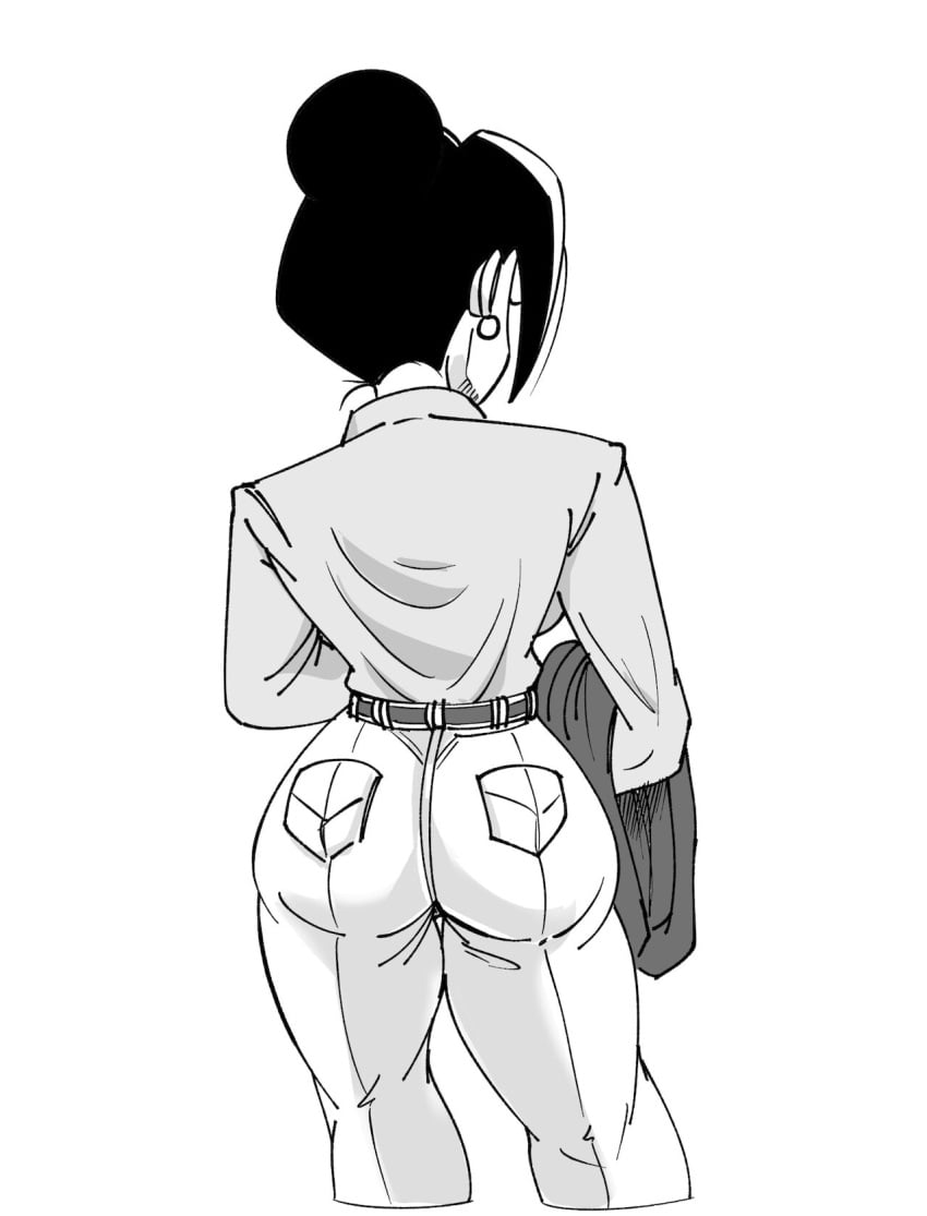 1girls ass big_ass black_and_white chichi chichi_(bulma's_party) chichi_(post_majin_buu_saga) dragon_ball dragon_ball_super dragon_ball_z ear_piercing female_only funsexydragonball gilf jeans milf monochrome solo