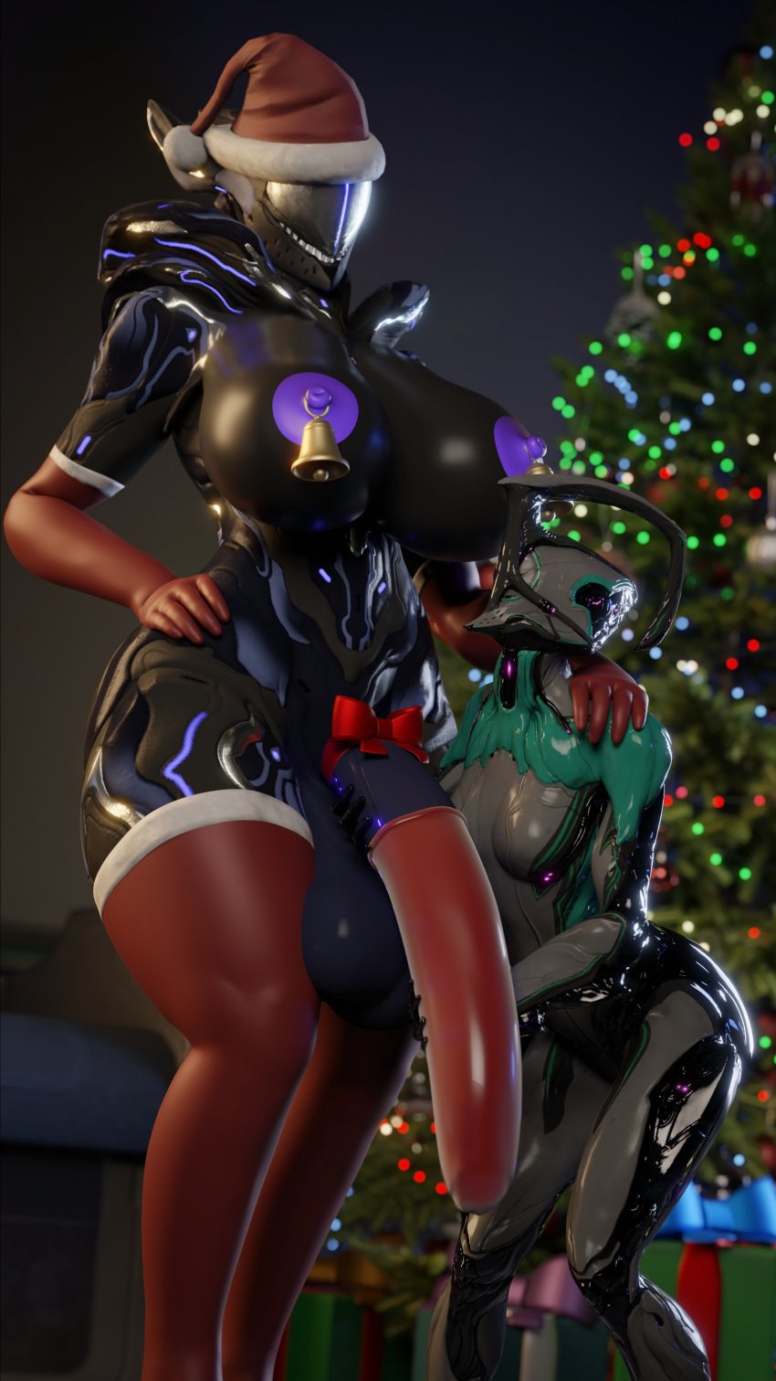 1futa 1girls 3d armwear balls bell breasts christmas christmas_outfit christmas_stocking christmas_tree cock_sleeve_(clothes) condom elbow_gloves female futa_on_female futanari hand_on_shoulder huge_cock legwear monsterdongsart nipple_piercing nipples nokra_(warframe) nyx_(warframe) penis_ribbon penis_to_the_knees purple_areola purple_nipples red_armwear red_legwear santa_hat stockings tagme warframe