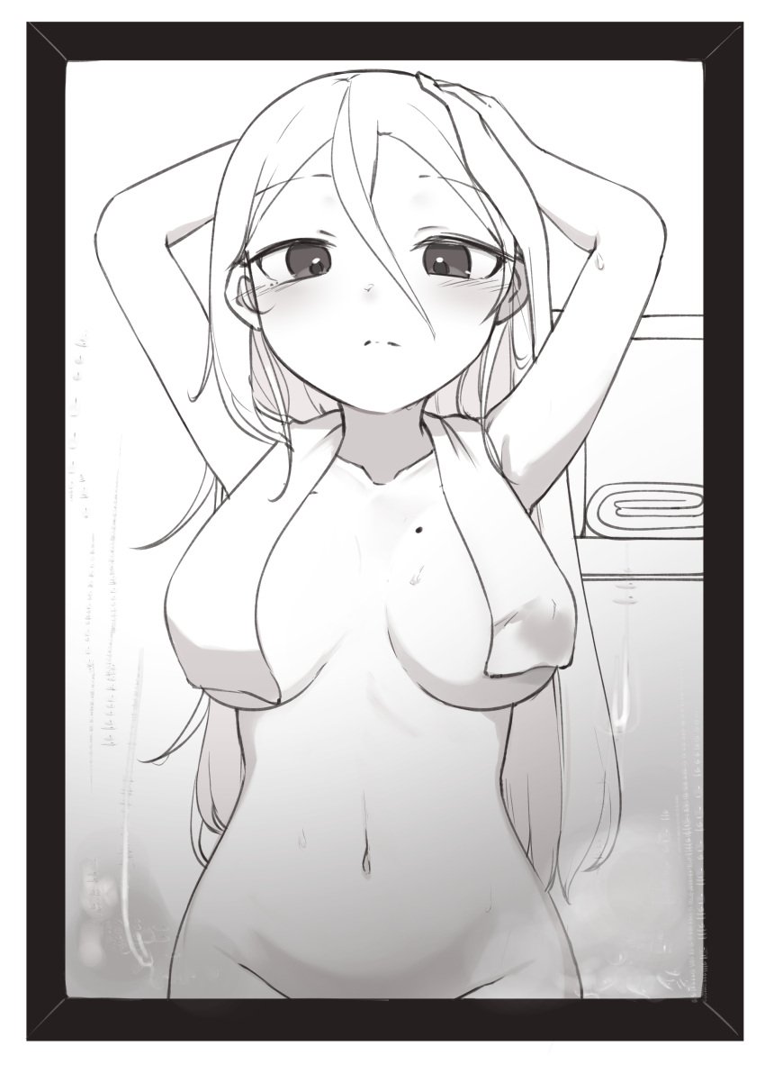 1girls after_shower black_and_white daebom highres looking_at_viewer messerschmitt_me_262 naked nude nude_female solo tagme towel war_thunder wet