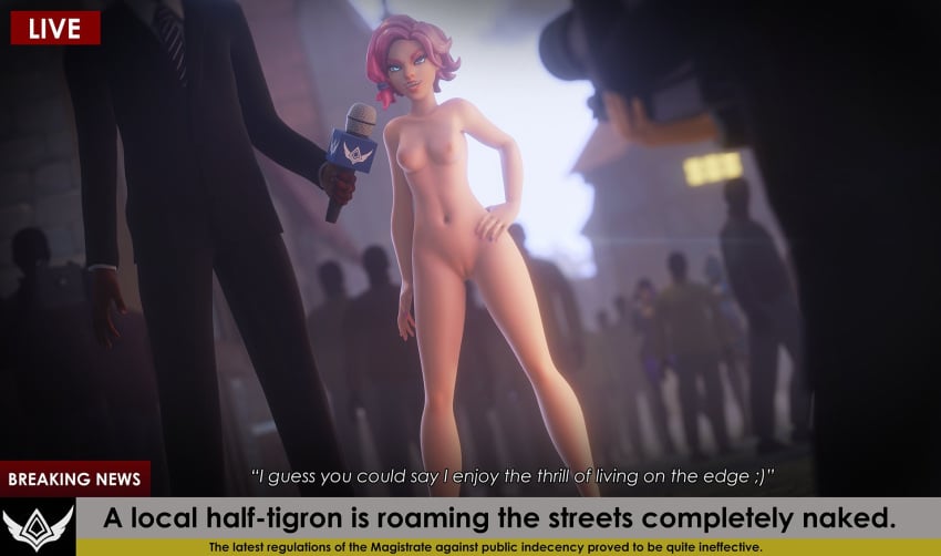 1girls 3d blue_eyes breaking_news breasts broadcast casual cat_eyes detailed_background english_subtitles english_text exhibitionism female female_focus hi-rez_studios human jineisho light-skinned_female light_skin maeve_(paladins) medium_breasts microphone news news_report news_reporter nipples nude nude_female nudist paladins pale_skin pink_hair public public_nudity pussy saati_(paladins) skye_(paladins) solo_focus subtitled text uncensored