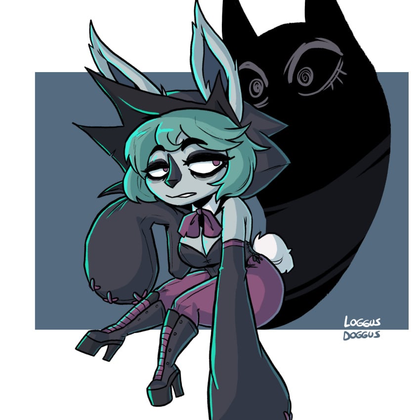 boots bunny_tail bunnysuit goth goth_boots goth_girl green_hair high_heel_boots high_heels league_of_legends loggus_doggus platform_heels purple_eyes shadow shadow_(lol) short_hair shortstack sitting tired vex_(league_of_legends) yordle