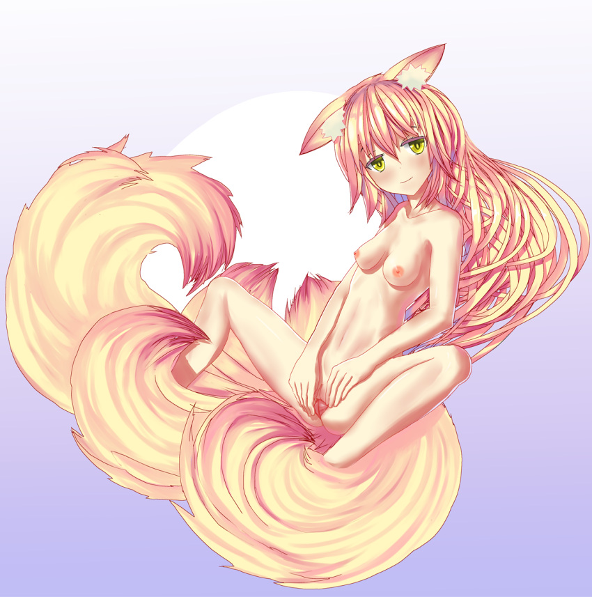 blonde_hair blonde_tail bushy_tail female female_only fox_ears fox_tail green_eyes hi_res high_school_dxd highres kunou_(high_school_dxd) looking_at_viewer medium_breasts no_nose pussy solo_female spreading_pussy very_long_hair