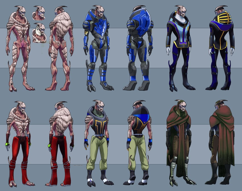 2_toes 3_fingers abstract_background alien animal_genitalia anthro armor blue_clothing blue_eyes blue_markings bottomwear brown_clothing carapace clothed clothing fingers furgonomics garrus_vakarian genital_slit genitals ghostfire gloves green_bottomwear green_clothing green_pants handwear hi_res male markings mass_effect model_sheet nude pants pink_body pink_skin plates red_clothing robe scutes sleeveless slit solo spurs standing toes topless turian video_games white_clothing white_gloves