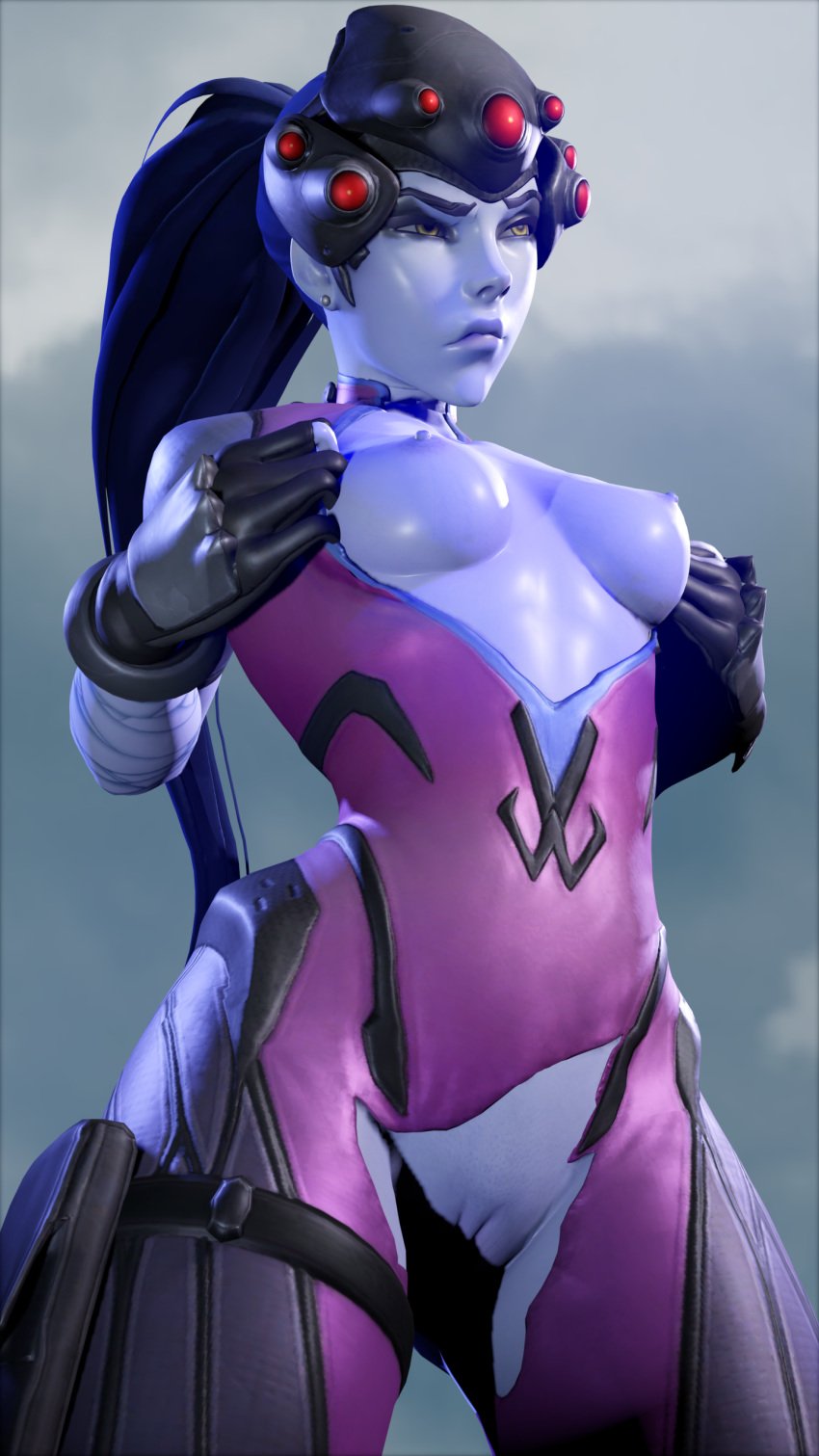 1girls 3d amelie_lacroix annoyed blizzard_entertainment blue_skin breasts cameltoe clothed female female_only looking_at_another nipples overwatch presenting_breasts rubikon_(artist) science_fiction simple_background solo solo_female tagme widowmaker