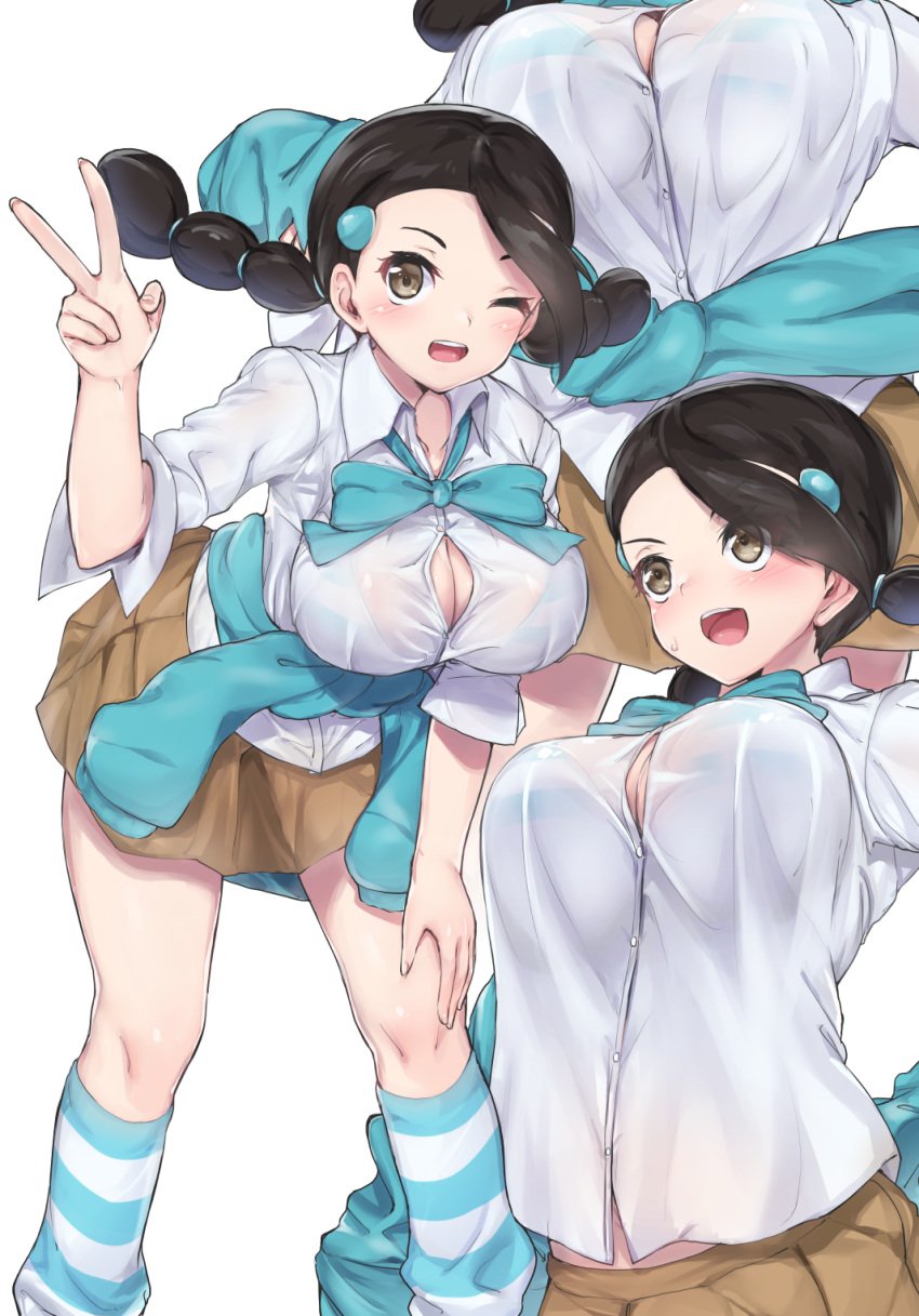 1girls alternate_breast_size aqua_jacket aqua_neckwear aqua_ribbon bare_legs black_hair blue_bra blue_legwear blue_neckwear blue_sweater blue_underwear blush body_blush bow bowtie bra bra_visible_through_clothes breasts brown_eyes brown_footwear brown_skirt candice_(pokemon) clavicle cleavage clothes_around_waist clothing collared_shirt debutya_aki eyebrows eyelashes female female_focus female_only frilled_skirt frills hair_ornament hair_tie hairclip hand_up happy high_resolution horizontal-striped_legwear horizontal_stripes human jacket jacket_around_waist kneehighs large_breasts leaning_forward legs long_hair long_sleeves looking_at_viewer low_twintails midriff_peek miniskirt multicolored_legwear multiple_hair_ties multiple_views navel neck_ribbon nintendo one_eye_closed open_mouth pleated_skirt pokemon pokemon_dppt ribbon school_uniform see-through shiny shiny_skin shirt shoes short_sleeves simple_background skirt smile socks solo standing striped striped_bra striped_legwear striped_socks sweat sweater sweater_around_waist teeth thighs tied_hair twintails underwear uniform upper_body v white_background white_border white_shirt wide_hips wink