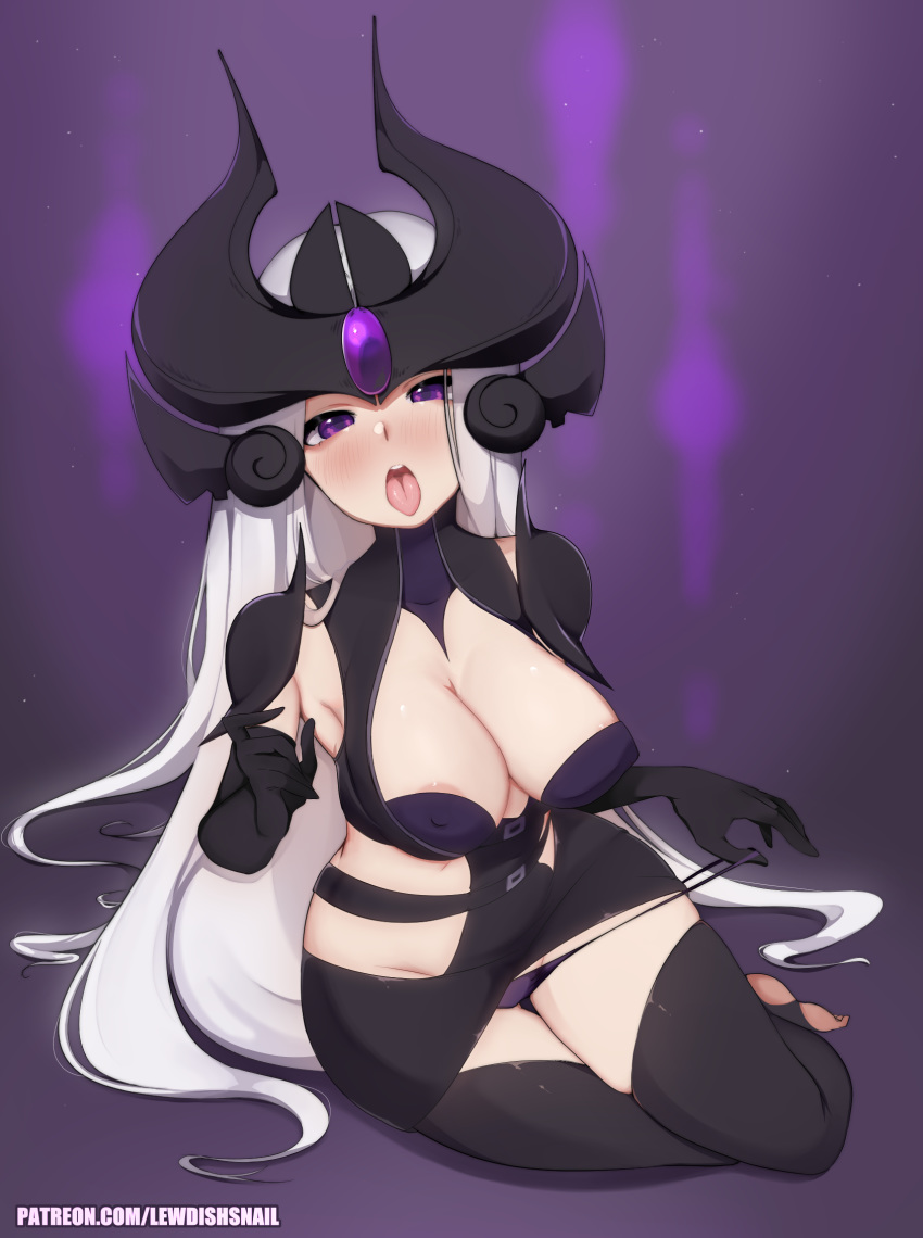 clothed helmet horns league_of_legends lewdishsnail lingerie purple_eyes syndra white_hair