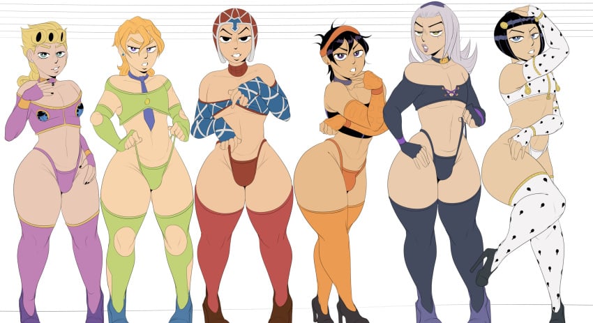 6boys aged_up ass black_hair blonde_hair bruno_buccellati bulge crop_top crossdressing detnox femboy giorno_giovanna girly guido_mista hair heels high_heels huge_ass jojo's_bizarre_adventure leone_abbacchio lipstick looking_at_viewer male male_focus male_only mugshot narancia_ghirga pannacotta_fugo pose posing seductive sexually_suggestive stockings suggestive thick thick_thighs thighs thong trap vento_aureo