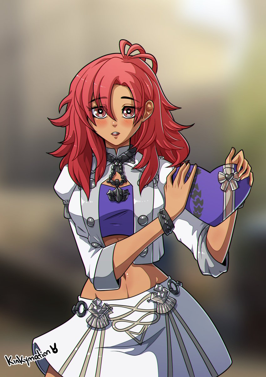 blush clothed dark-skinned_female dark_skin fire_emblem fire_emblem:_three_houses gift hapi_(fire_emblem) kinkymation red_eyes red_hair stomach valentine's_day