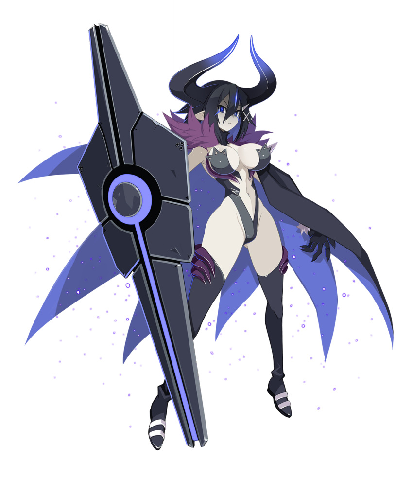 asagi_asagiri bikini black_hair blue_eyes breasts cape cleavage demon demon_girl disgaea disgaea_rpg female fur_collar gradient_horns harada_takehito horns huge_breasts large_breasts nippon_ichi_software official_art overlord_asagi pointy_ears sling_bikini weapon