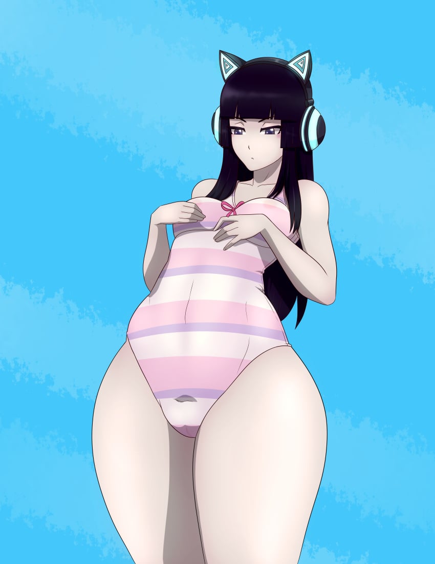 1girls black_hair blue_eyes cat_ear_headphones female female_only flcl flcl_progressive headphones hidomi_hibajiri long_hair maverick-crafts nipples one-piece_swimsuit one_piece_swimsuit see-through see-through_clothing solo solo_female swimsuit transparent_clothing