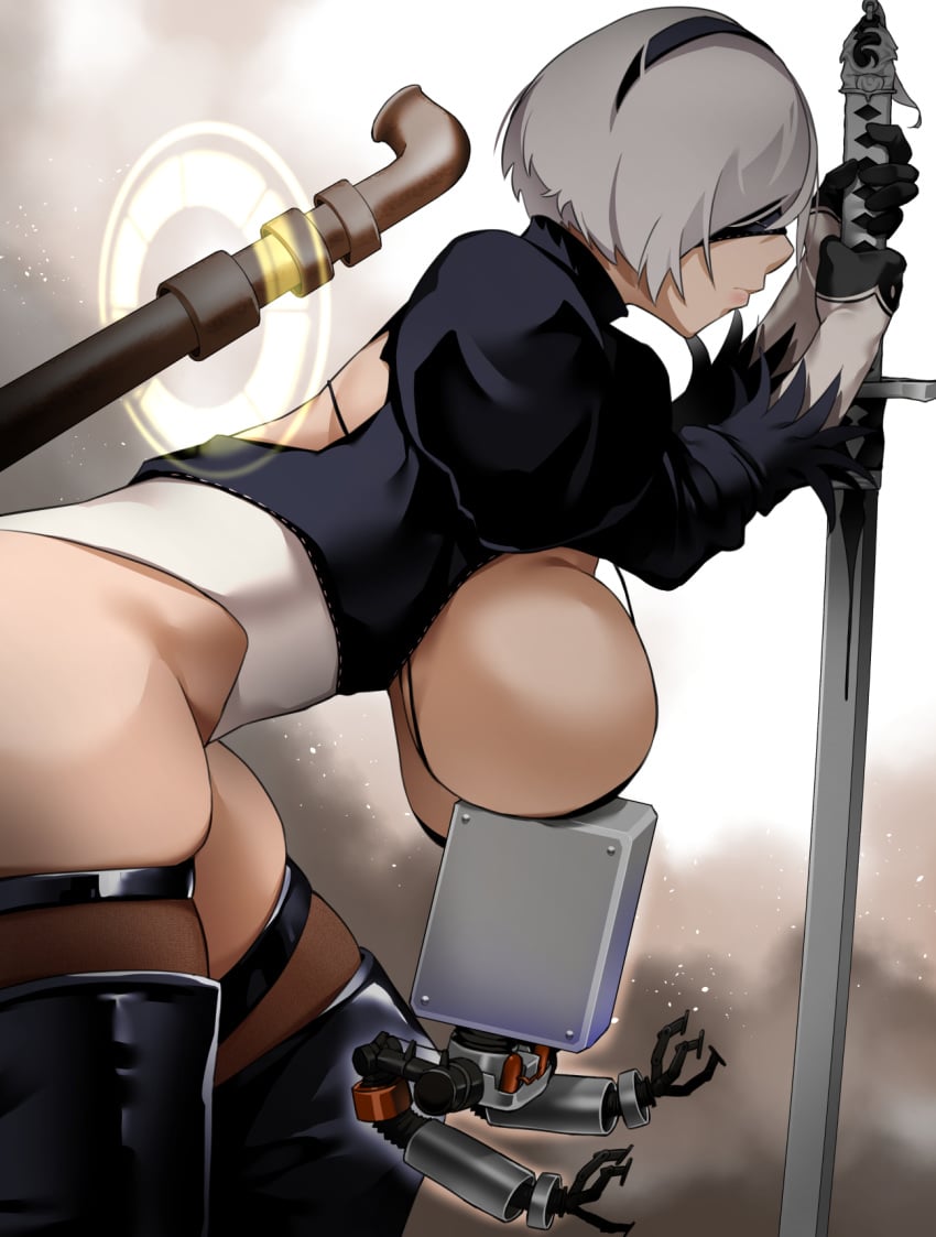 1girls android bakkanki big_breasts blindfold female female_only high_heel_boots high_heels leotard nier nier:_automata pod_(nier) short_hair solo solo_focus thighhigh_boots thighhighs white_hair yorha_2b