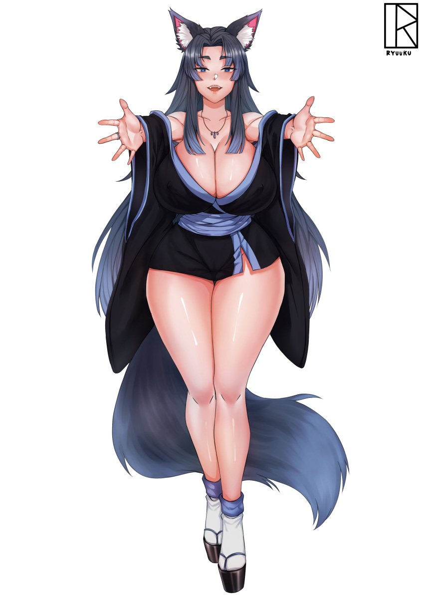 1girls animal_ear_fluff animal_ears barely_contained barely_covered blue_eyes blue_hair breasts_out_of_clothes child_bearing_hips cleavage high_heels hug_invitation huge_breasts kalia_(raiosmanis) loose_clothes mature_female milf necklace plump reaching_out reaching_towards_viewer ryuukusnpaiarts sharp_teeth socks solo_focus thick_thighs thigh_gap thighs toe_socks voluptuous wide_hips wolf_ears wolf_tail