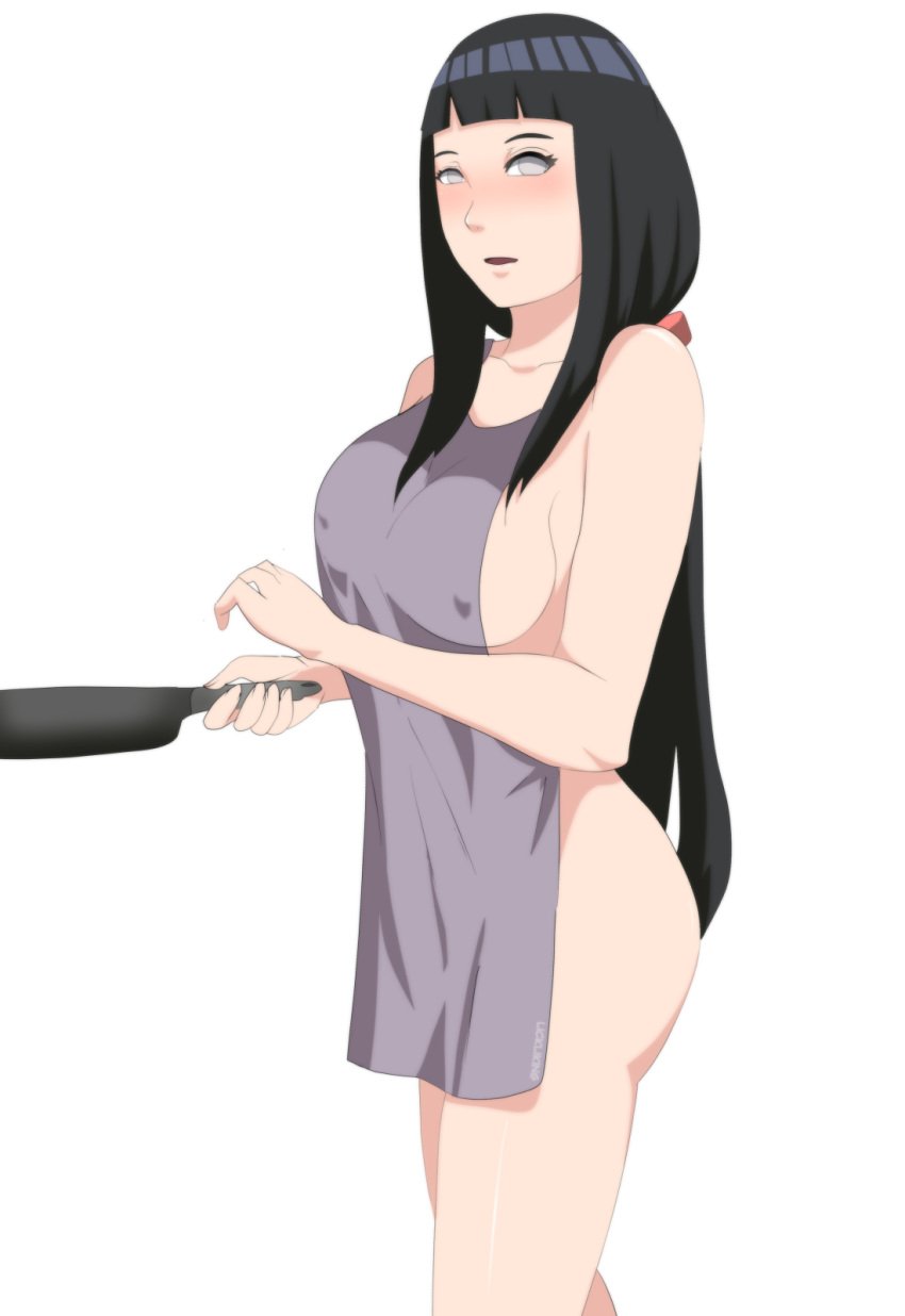 1girls apron ass blush erect_nipples_under_clothes female female_only frying_pan holding_object hyuuga_hinata lickliking long_hair looking_at_viewer naked_apron naruto naruto:_the_last naruto_(series) ponytail purple_hair simple_background tied_hair violet_eyes white_background