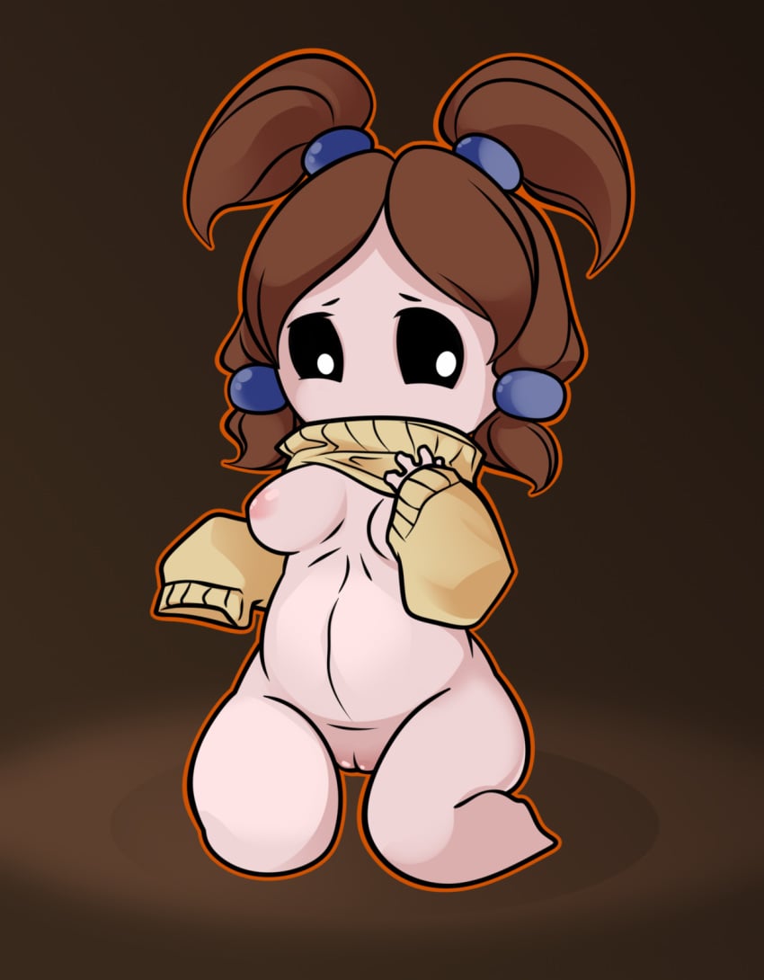 bethany_(the_binding_of_isaac) black_eyes bottomless breasts brown_hair chibi cleft_of_venus clothed clothing female genitals hair hi_res human human_only mammal pussy shirt_up solo suspendedpain sweater the_binding_of_isaac topwear twintails video_games