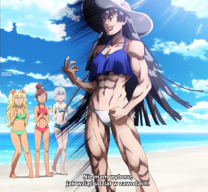 4girls ayaka_uehara_(dumbbell_nan_kilo_moteru?) beach black_hair closed_eyes dumbbell_nan_kilo_moteru? female gina_boyd_(dumbbell_nan_kilo_moteru?) highres hime_cut jojo_reference long_hair multiple_girls muscular muscular_female sakura_hibiki_(dumbbell_nan_kilo_moteru?) souryuuin_akemi