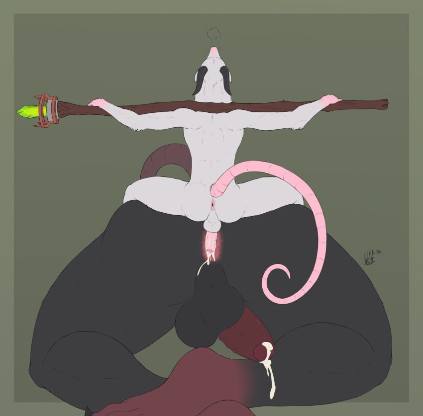 anthro anus ass balls big_balls big_butt black_body black_fur black_horn bodily_fluids breath claws colored cum cum_in_ass cum_inside cum_on_leg cum_on_penis duo fur genital_fluids genitals hi_res horn long_tail male male/male mammal murid murine penis pink_anus pink_nose pink_penis pink_tail rat red_penis rodent short_ears signature simple_background sitting size_difference skaven small_dom_big_sub stick warhammer_(franchise) warhammer_fantasy warpstone white_body white_fur wide_hips wolfarion