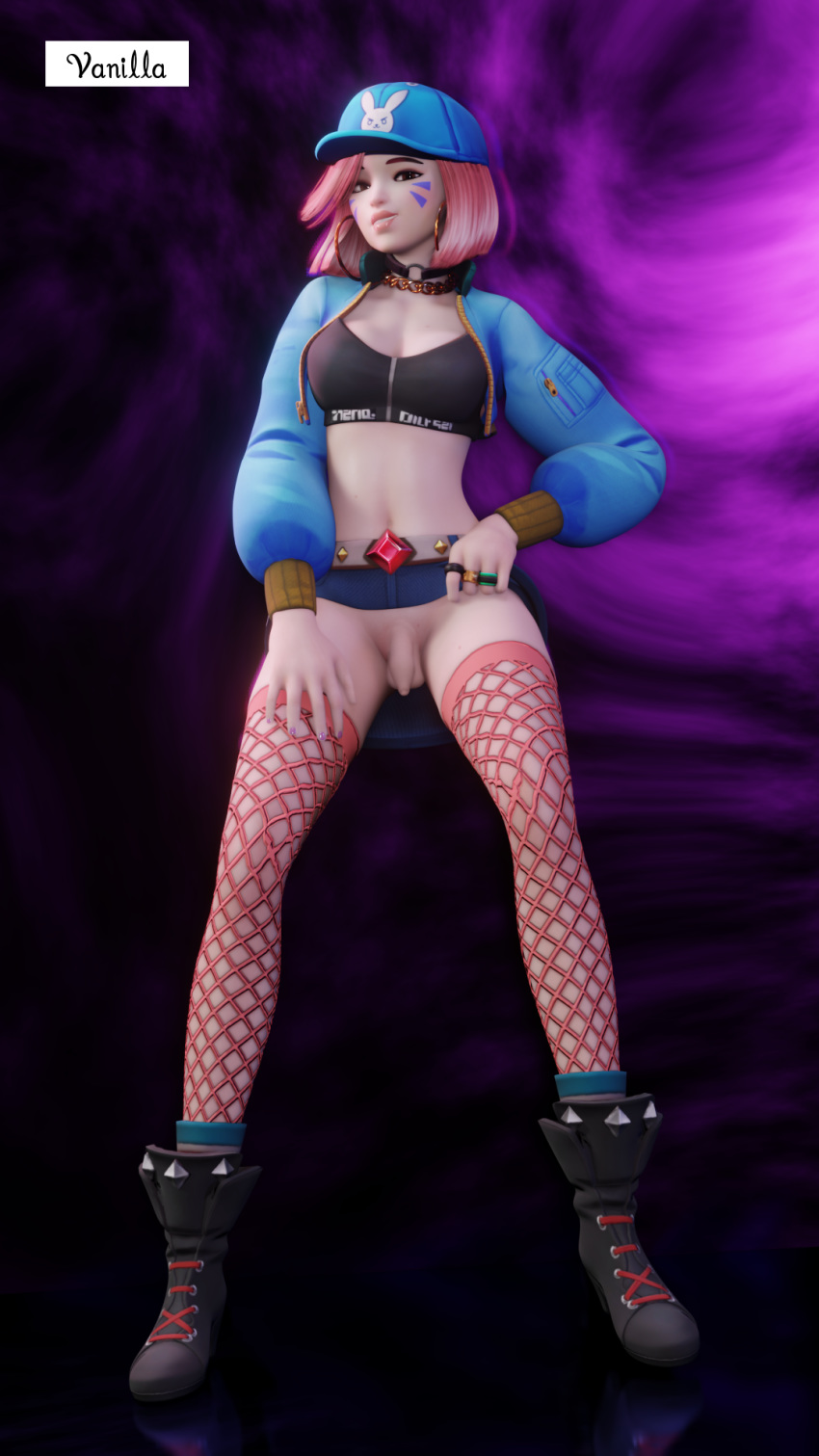 3d alternate_costume d.va dickgirl futa_only futanari hoop_earrings hoop_earrings_oversized itsvanillatime lifting_skirt miniskirt overwatch vagina