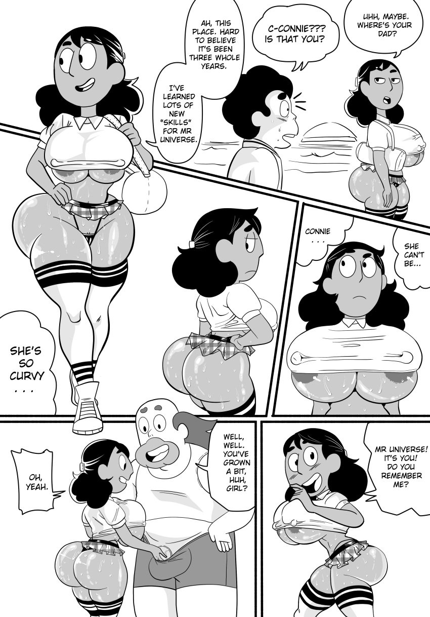 1girls 2boys areola_slip ass betrayal big_ass big_breasts black_and_white bulge cartoon_network cheating cheating_girlfriend comic connie_maheswaran crop_top cucked_by_father cuckold dark-skinned_female doompypomp english_text father father_and_son's_girlfriend greg_universe greyscale groping_crotch light-skinned_male microskirt monochrome netorare penis_grab revealing_clothes school_uniform son son_cuck speech_bubble steven_universe steven_universe_future text thighhighs underboob veiny_penis